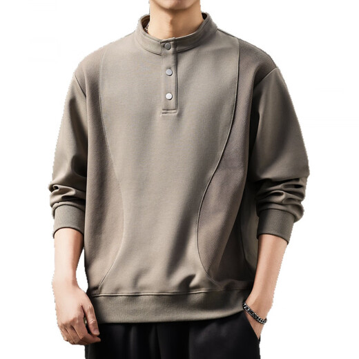 AX Armani broken code 2026 American retro Henry collar button long-sleeved sweatshirt men's autumn new splicing stand collar simple khaki M suitable for 100-120Jin Jin equals 0.5 kg