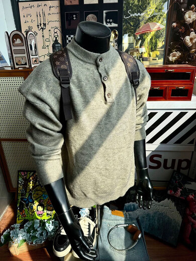 LIIS American retro Henry collar sweater for men, autumn and winter, lazy style, high-end knitted sweater to keep warm, floral gray, upgraded style, unrivaled at the same price, super high, one size fits all