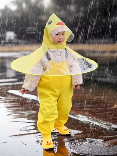 Fantasy Children's Raincoat and Rain Boots Set Little Yellow Duck Cape Style Umbrella Hat Boy 1 Year Old 2 Baby Kindergarten Girl Rain Pants Set One-piece Yellow Raincoat + Overalls Rain Boots S S