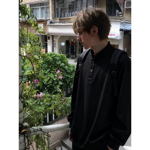 Pop Warm Autumn Black American Henley Collar Sweatshirt Men's Autumn and Winter Heavy Duty Right Shoulder Long Sleeve Polo Shirt with Bottoming Shirt Black Upgraded M