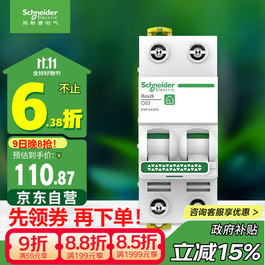 施耐德电气 空气开关2P C63A 家用微型断路器总闸双进双出双极空开 R9F44263