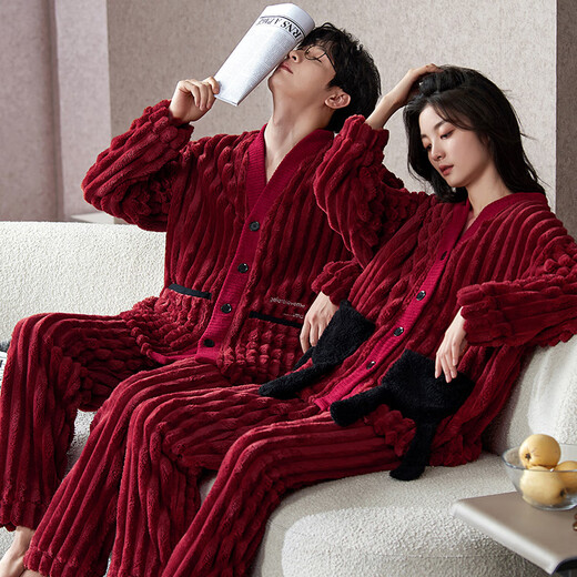 Yalu Couple Pajamas Women's Coral Velvet Autumn and Winter Plus Velvet Thickened Suit Wedding Newlywed Men's Winter Red Home Clothes TM52209 Female M Yes x