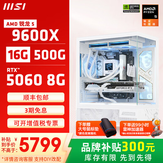 MSI Family Bucket AMD Ryzen 9600X/5060/5070 Game Console Computer Desktop Assembly Computer Host DIY Complete Machine White Sea View Room Assembly Machine Configuration Four 9600X+RTX5060 8G Wantushi White