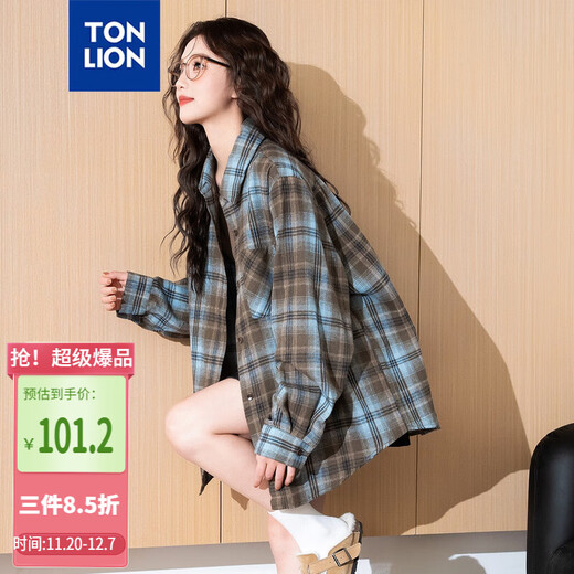 TonLion 2025 autumn women's retro American loose plaid long-sleeved shirt