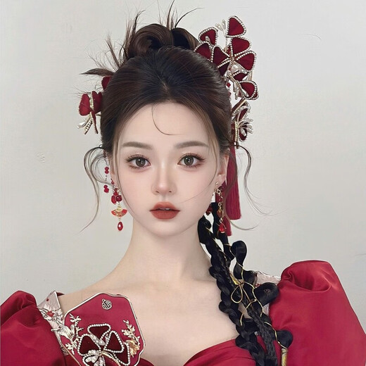 New super fairy bride's dressing gown toasting headdress new Chinese style dressing gown headdress red high-end velvet flower set wedding dress dressing gown hair fork set