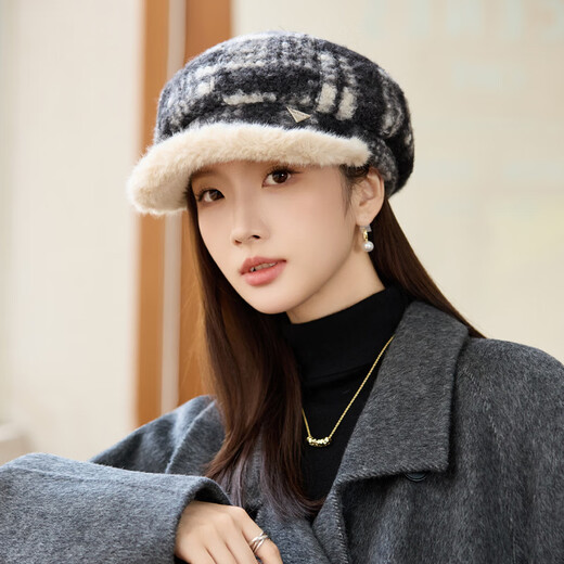 Jimmy Leaf lamb wool octagonal hat women's autumn and winter warm beret big head suitable for showing face small newsboy hat painter hat khaki color one size M (56-58cm)