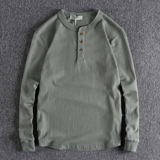 Hong Kong purchasing American retro high-weight knitted versatile henley collar long-sleeved men's T-shirt solid color spring and autumn bottoming shirt black S S100-120Jin Jin is equal to 0.5 kg