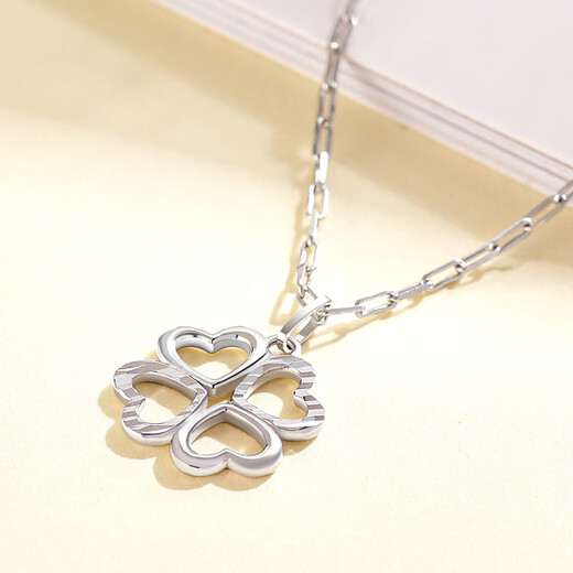 Wanfulong PT950 platinum platinum necklace, clavicle chain, women's love four-leaf clover, birthday gift for girlfriend, PT950 platinum, about 48cm long, 3.64g in weight