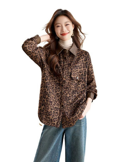 Jingyan shirt jacket for women spring and autumn new style mid-length age-reducing style mom autumn casual leopard print top picture color S S suitable for 100-118Jin Jin is equal to about 0.5 kg