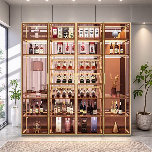 Yusenyi custom-made glass wine cabinet against the wall brushed gold display cabinet customized by American customers