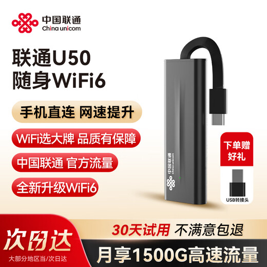China Unicom portátil wifi6 inalámbrico móvil wifi sin tarjeta 2025 tarjeta de red inalámbrica que acompaña al automóvil tesoro de Internet portátil 4G tráfico universal nacional U50