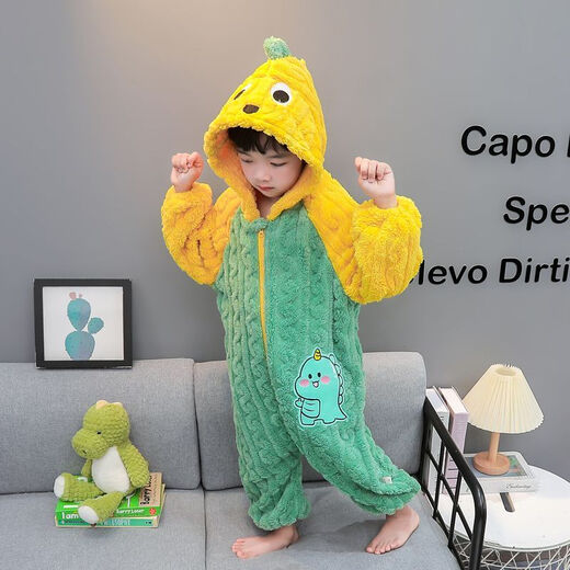 Children's flannel one-piece pajamas autumn and winter thickened boy's dinosaur romper baby coral velvet anti-kick sleeping bag to keep warm Green Dinosaur 80