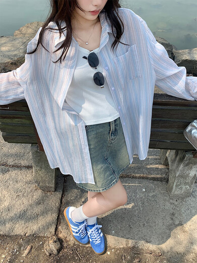 ONEDEW International Brand Summer 2025 New Sun Protection Clothes Women's Loose Tops Thin Design Long-Sleeved Striped Shirt Blue Blue Striped Original (Premium Edition) S Ready Stock One Size