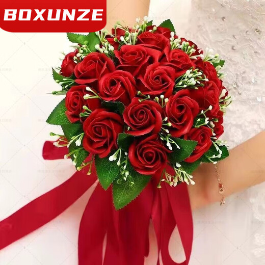 米黛蕾手捧花结婚diy感 结婚捧花仿玫瑰花韩式婚礼花束婚纱照拍摄 24朵酒红