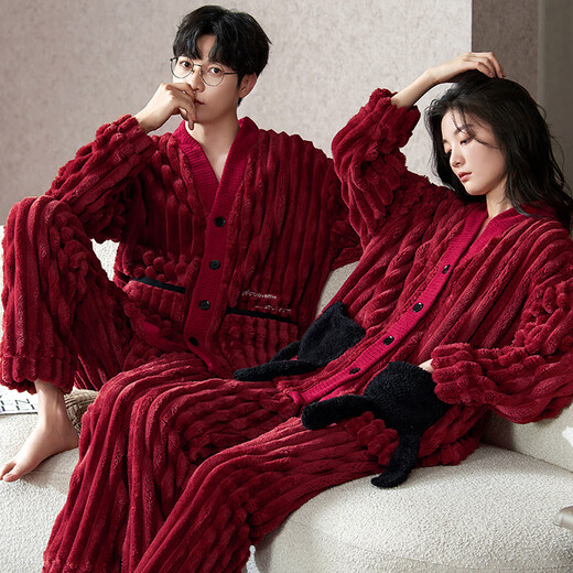 Yalu Couple Pajamas Women's Coral Velvet Autumn and Winter Plus Velvet Thickened Suit Wedding Newlywed Men's Winter Red Home Clothes TM52209 Female M Yes x