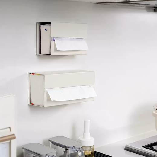 Yusenyi wall cabinet absorbs paper towel holder, magnetic tissue box, high-end paper drawer, hanging under the table, wall hanging upside down meal box, kitchen feel, 5 white turnable magnetic hooks