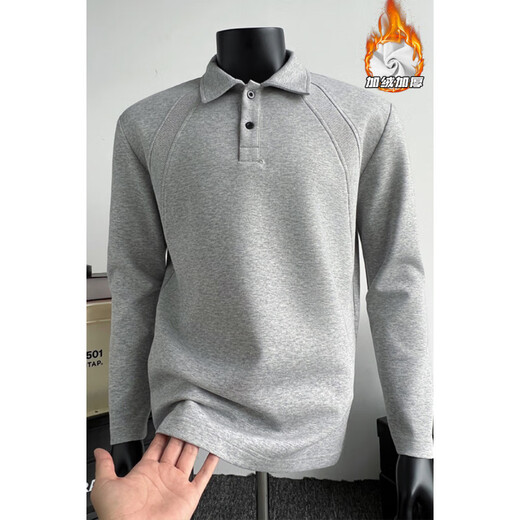 Pierre Cardin threaded splicing plus velvet Henry collar long-sleeved sweatshirt for men winter warm heavyweight polo shirt American style inner layering shirt white gray M