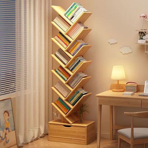 Solid wood bookshelf floor-standing wall storage shelf living room home simple creative tree-shaped student bedroom layered shelf main picture 8-layer pastoral oak color high 100cm