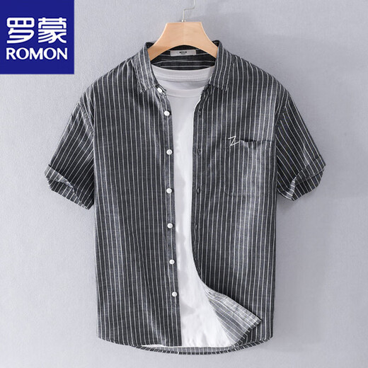 Romon men's striped shirt short-sleeved loose summer thin Japanese casual all-match shirt summer clothes 9740 blue XL