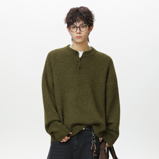 Zhiwei old money style Henry collar sweater men's autumn and winter new style lazy style loose casual versatile pullover sweater jacket moss green XL recommended 125-145Jin Jin equals 0.5 kg