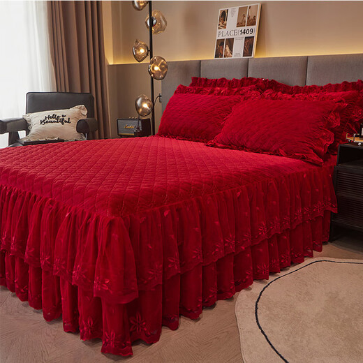 Fantasy thickened high-end baby velvet quilted bed skirt single piece red high-end lace autumn and winter Shengshi Landai-big red high-end baby velvet thickened and warm 180cmx200cm single piece bed skirt