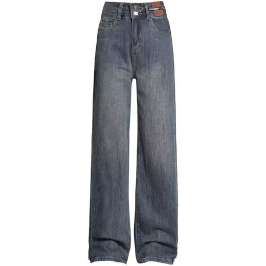 Wide-leg jeans for women, spring, autumn and winter, 2025 popular pear-shaped body, high-waisted, narrow straight pants, floor-length blue and gray double-button velvet trousers. L Recommended: 110-120 Jin Jin equals 0.5 kg