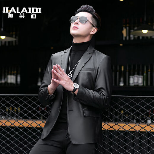 Galedi leather suit men's autumn new sheepskin jacket slim thin small suit business Haining leather jacket trendy black S 16546