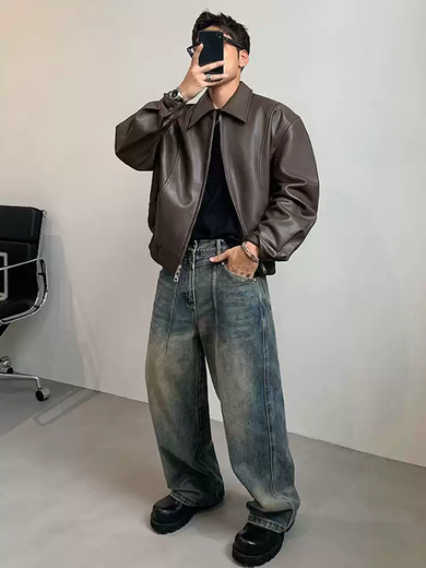 Jiayupishuai cleanfit loose leather jacket for men American retro motorcycle men's short velvet thickened leather jacket brown XL XL