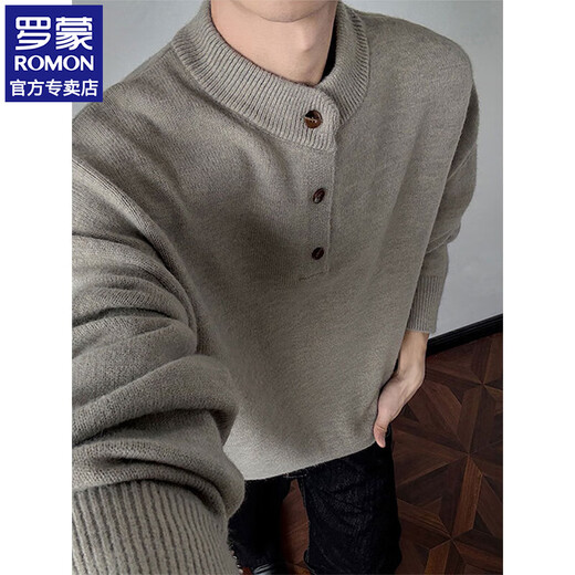 ROMON American retro Henry collar sweater for men in winter, high-end loose casual men's bottoming sweater for men, floral gray XL (approximately 120-135Jin Jin equals 0.5kg)