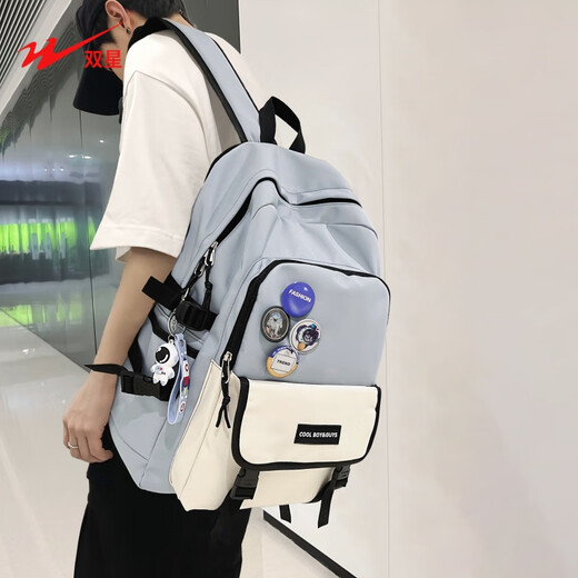 Double Star Schoolbag Men's Backpack Backpack Women's Korean Version Junior High School High School College Student Large Capacity Water-Repellent Laptop Blue Large Pendant + Badge