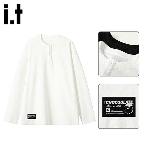 CHOCOOLATE2025 Autumn New Henley Collar Loose T-shirt Unisex Couple Tops Bottoming Shirt White M Recommended 95Jin Jin is equal to 0.5kg -110Jin Jin is equal to 0.5kg