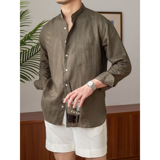 Commuting, casual, breathable pure linen long-sleeved shirt, versatile holiday stand-up collar shirt, men's Henry collar top, white M