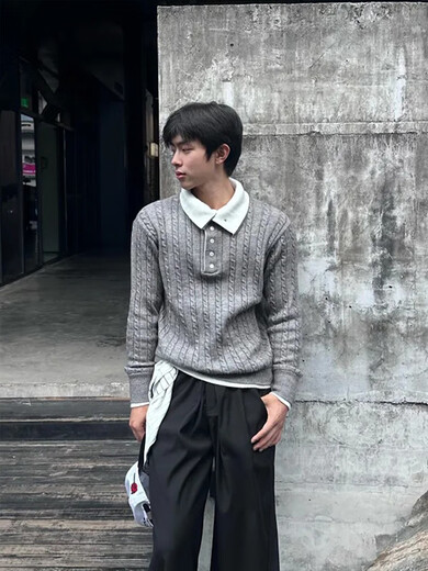 High-end handsome gray Henry collar knitted jacquard Polo shirt men's autumn and winter handsome high-end fake two-piece gray upgraded style M one size fits all