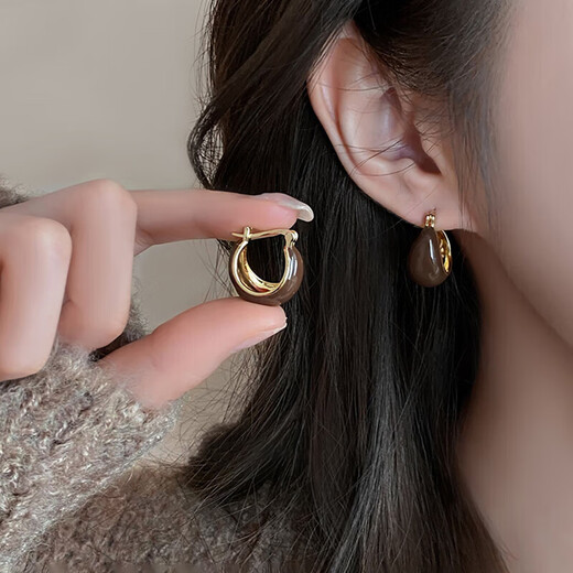 Autumn and winter Maillard retro earrings, popular earrings for women, niche design, high-end earrings for birthday gifts, golden oval imitation tiger eye stone earrings, one pair