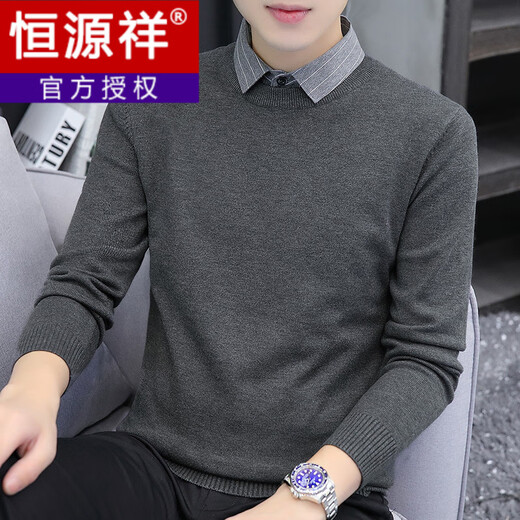 Hengyuanxiang relaxed Henry collar fake two-piece sweater casual versatile sweater for men/ready in stock Khaki M (90-110Jin Jin equals 0.5kg)