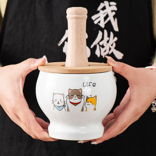 Fat Donglai's same style garlic mortar, old-fashioned ceramic garlic mortar, chili pepper mortar, garlic masher, medicine jar, preserved egg household, small kiln turns red - garlic mortar + beech wood hammer