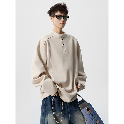 Cotton fantasy MIAN HUAN American heavyweight right shoulder deconstructed sweatshirt for men in autumn and winter loose and trendy inner layering shirt Henry collar long-sleeved T-shirt dark heather gray XL