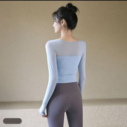 Yoga clothes for women with chest pads, beautiful mesh sports tops, slim fit, long-sleeved Pilates training fitness clothes, autumn T17# Sky Blue L Recommended 111-124 Jin Jin equals 0.5 kg