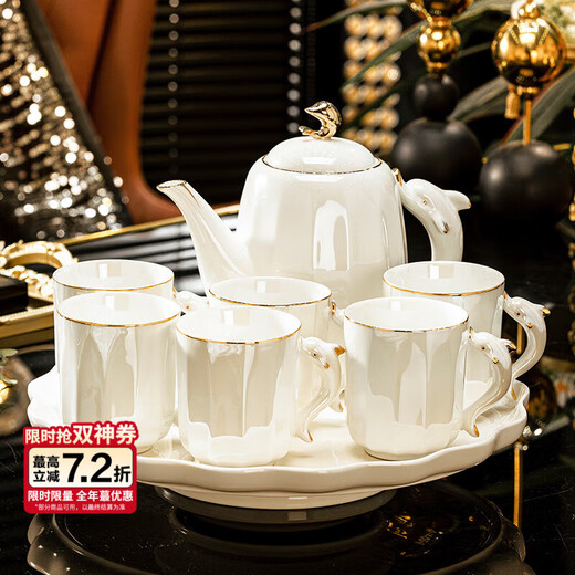 NINE CRANES Creative Jingdezhen Tea Set Light Luxury High-end Housewarming Gift New Home Cup Ceramic Kettle Living Room Hospitality Water Set 8-piece High-end Gift Box