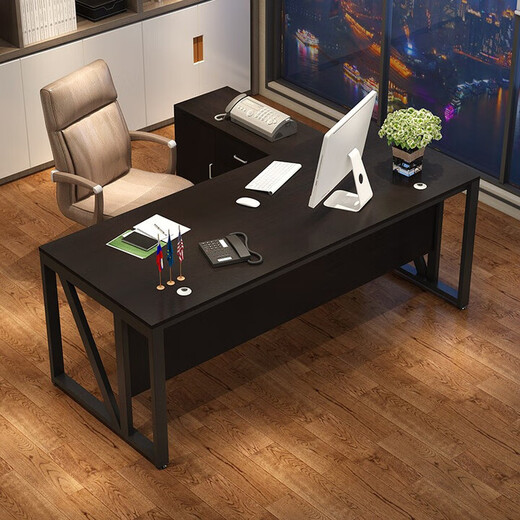 Desk simple modern boss desk and chair combination atmospheric manager desk steel and wood executive desk office furniture black frame + golden oak color 2.0m single table (desktop 2.0*0.8m)