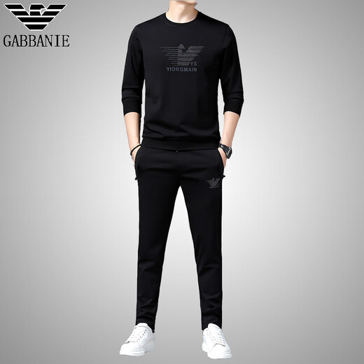 AX Armani Sports Suit Spring Men's Trendy Casual Two-piece Set Youth Mercerized Cotton Round Neck Long Sleeve Trendy Black 9320 M 165