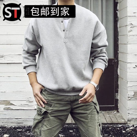 Shantou Lincun Hangzhou ASUS men's clothing Japanese retro autumn and winter men's Henry collar long-sleeved T-shirt bottoming shirt loose casual set QS-T88 black main picture 3XL