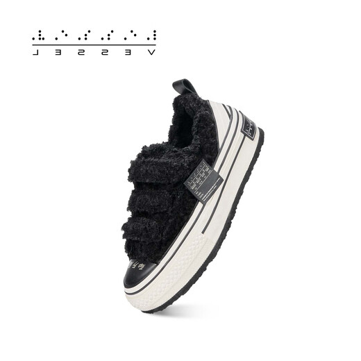 XVESSEL autumn and winter new plush warm Velcro furry three-color curly children's shoes children's canvas shoes black F24X63B 37