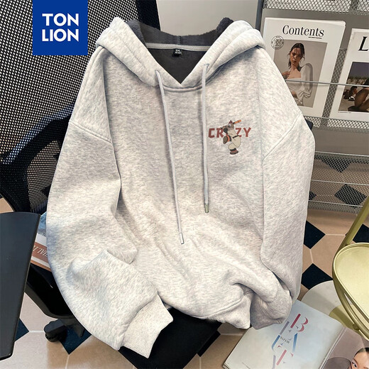 TonLion Men's Hooded Front and Back Printed Plush Cotton Imitation Super Sweatshirt Gray M