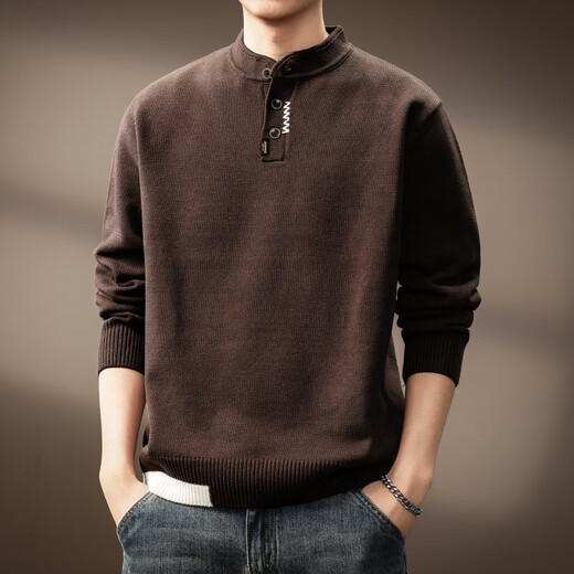 Bmuvlss high-end brand men's American Henry collar sweater for men 2025 autumn and winter new versatile long-sleeved sweater for men dark coffee M suitable for 100-120Jin Jin equals 0.5 kg