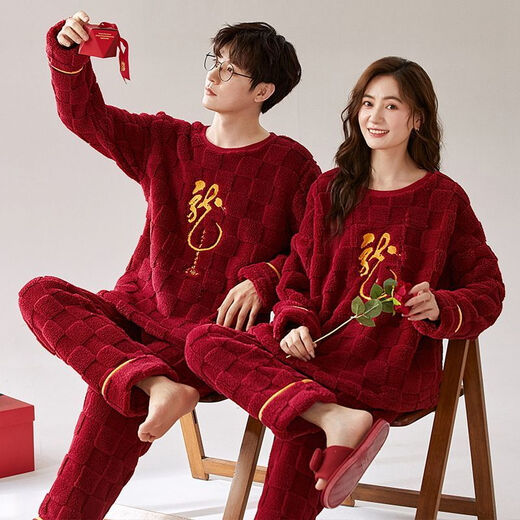 Victoria style suit wedding couple autumn and winter pajamas red autumn and winter thickened animal year plus velvet wedding home clothes coral two sets 7500 M female + male L