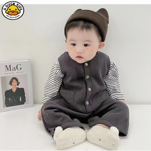 G.duck little yellow duck Korean style baby clothes suit spring and autumn new fashionable baby overalls long sleeve male and female baby spring gray rice woolen wide shoulder suit 80cm