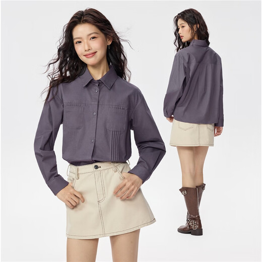 Giordano 2026 spring new pure cotton commuter pleated double pocket lapel long-sleeved shirt for women 05345866