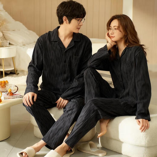 Bo Na Ling Pajamas Couple One Male One Female Cardigan Long Sleeve Tree Pattern Men and Women Can Wear Out Printed Pocket Pajamas Home Clothes Set Couple Pajamas Black Stripes Men's XL