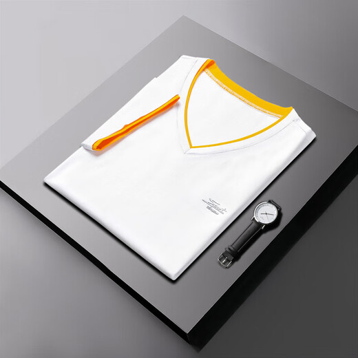 Odell футболка с короткими рукавами из чистого хлопка, мужская летняя тонкая тонкая рубашка с v-образным вырезом, модный топ с половиной рукавов, мужская корейская версия WF QY691, белая футболка из чистого хлопка, рекомендуется 4XL 170-190Jin Jin равен 0,5 кг